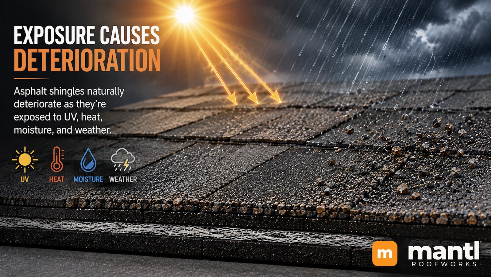 Exposure causes deterioration: UV, heat, moisture and weather break down asphalt shingles and loosen granules
